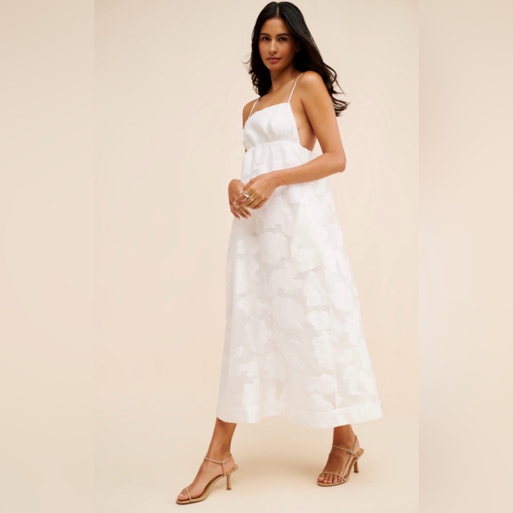 BHLDN Floral Burnout Jacquard White Apron Maxi Boho Luxury Coquette Dress Size S - Picture 3 of 14